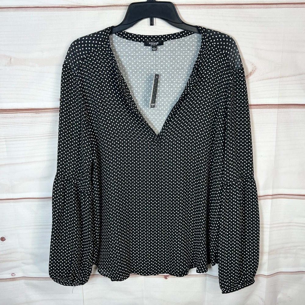 Premise Studio Top Women Large Black Polka Dot Blouse V-Neck Woven Knit Pullover